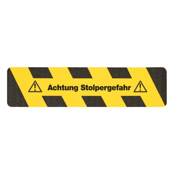 m2 Antirutschbelag Warnmarkierung schwarz/gelb Text "Achtung Stolpergefahr" Streifen 150x610mm, M121500610