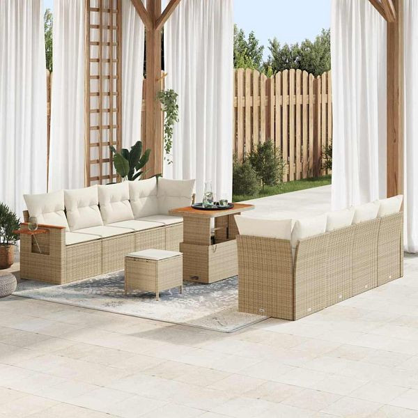 vidaXL Garten-Sofa-Set mit Kissen 11-teilig Beige Poly-Rattan, 3365101