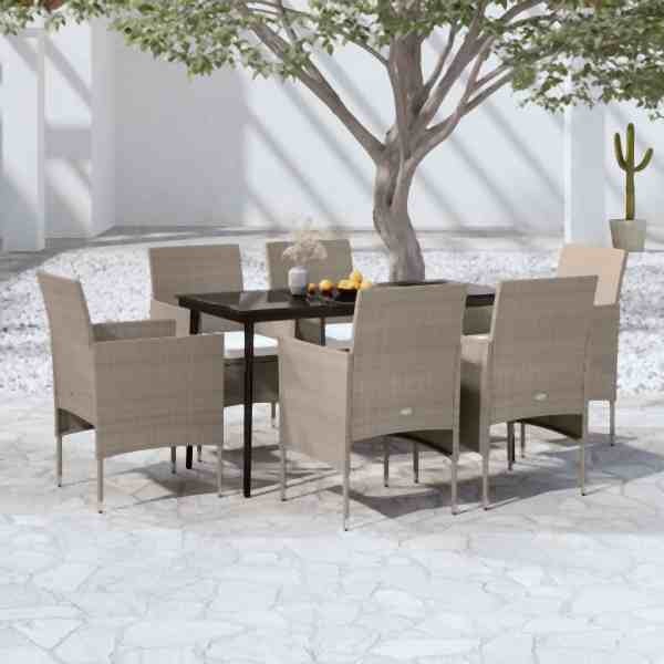 vidaXL 7-tlg. Garten-Essgruppe mit Kissen Beige und Schwarz, 3099320