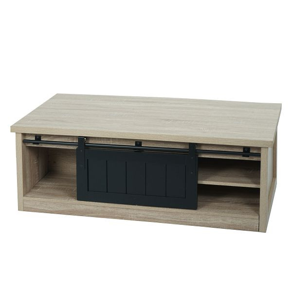 Mendler Couchtisch HWC-K75, Beistelltisch Wohnzimmertisch, Schiebetüre 6 Staufächer, Holz-Optik Metall 44x120x60cm, naturfarben, 97163+97634