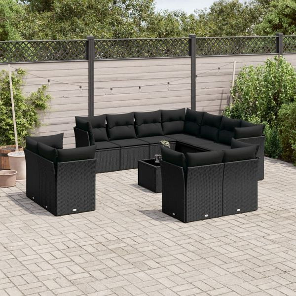 vidaXL 12-tlg. Garten-Sofagarnitur mit Kissen Schwarz Poly Rattan, 3218515