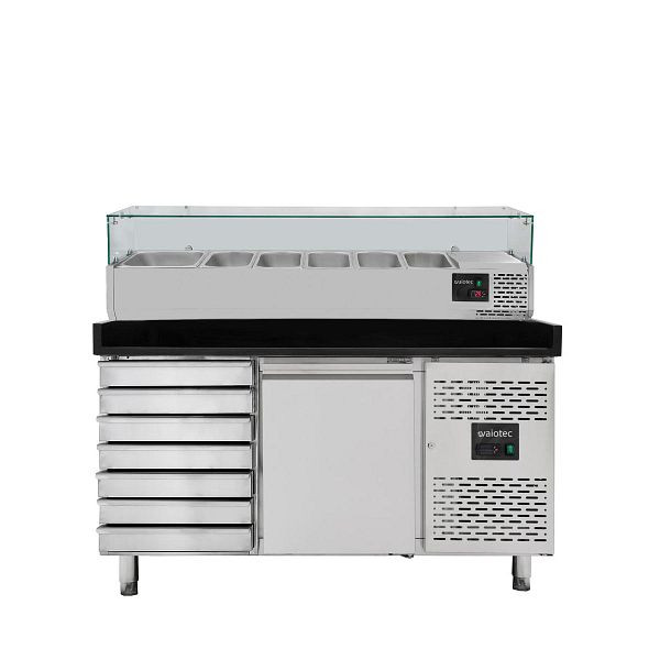 Vaiotec EASYLINE Pizzakühltisch 800 / 1-türig & 7 Schubladen "schwarz" inkl. Kühlaufsatz GN1/3, 11266