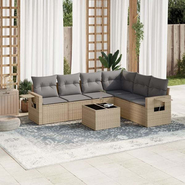 vidaXL 7-teilig Garten-Sofagarnitur mit Kissen Beige Poly Rattan, 3220218