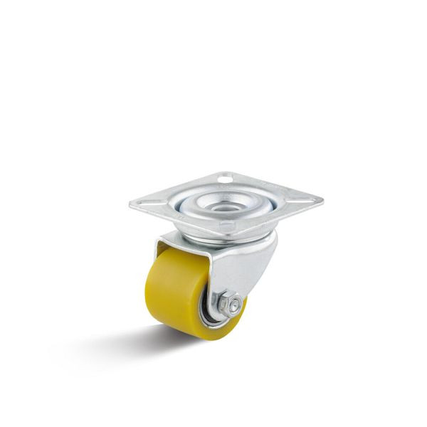 Torwegge Polyurethan Mini-Schwerlast-Lenkrolle, Tragfähigkeit 100 kg, Rad-Ø 35 mm, Radbreite 27 mm, Gesamthöhe 52,8 mm, Loch bis 48 x 48 mm, 0051032