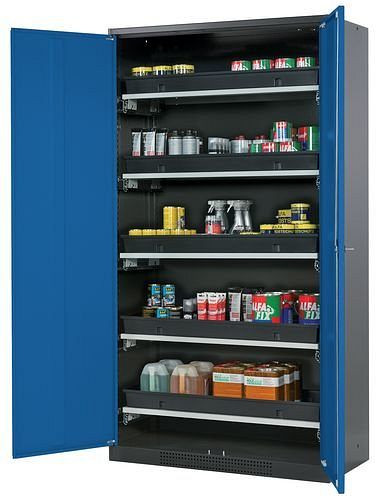asecos Chemikalienschrank Systema-T CS-105, Korpus anthrazit, Flügeltüren blau, 5 Tablarauszüge, 208976