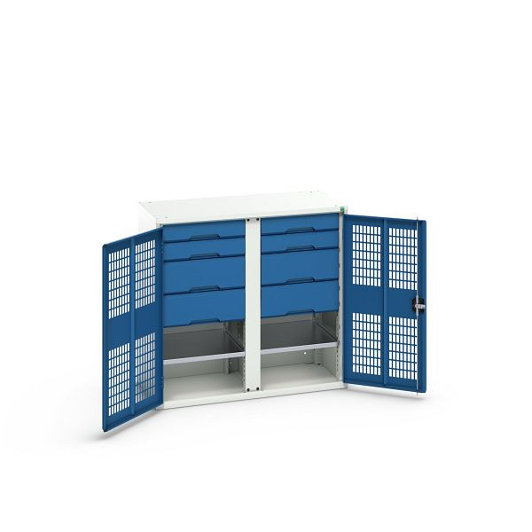 bott verso Garderobenschrank mit Belüftung mit 2 Fachböden, 8 Schubladen, 4x100mm/4x175mm, Trennwand, Lichtgrau/Enzianblau, 16926765.11