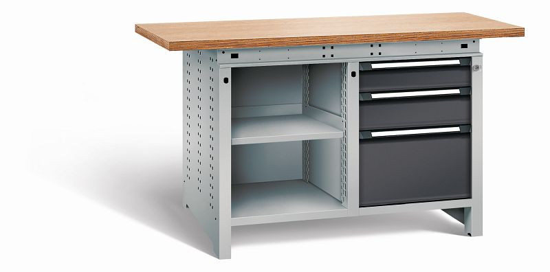 Otto Kind Werkbank Serie function Typ 212, Multiplexplatte, überstehend, 2x Unterbau, 1x Zentralverschluss, Gehäuse RAL 9006, Front RAL 9005, 07234223N