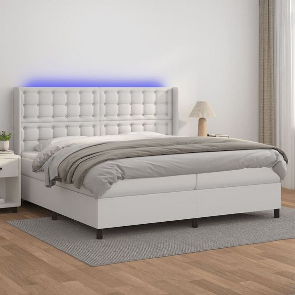 vidaXL Boxspringbett mit Matratze & LED Weiß 200x200 cm Kunstleder, 3139404