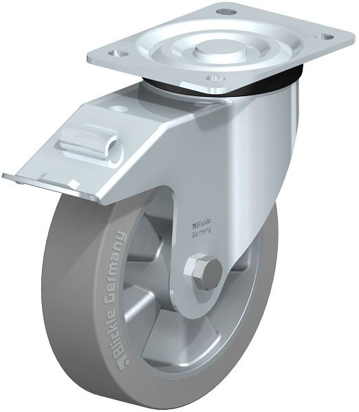Blickle L-ALEV 180K-FI-SG Stahlblech-Lenkrolle, mittelschwere Ausführung, mit Anschraubplatte & Feststeller, Elastik-Vollgummi, Grau, 622563