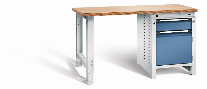 Otto Kind Werkbank function Typ 204, überstehende Multiplex-Arbeitsplatte, 1 Fußgestell, 1 Unterbau, Gehäuse RAL 7035, Front RAL 5023, 072190064