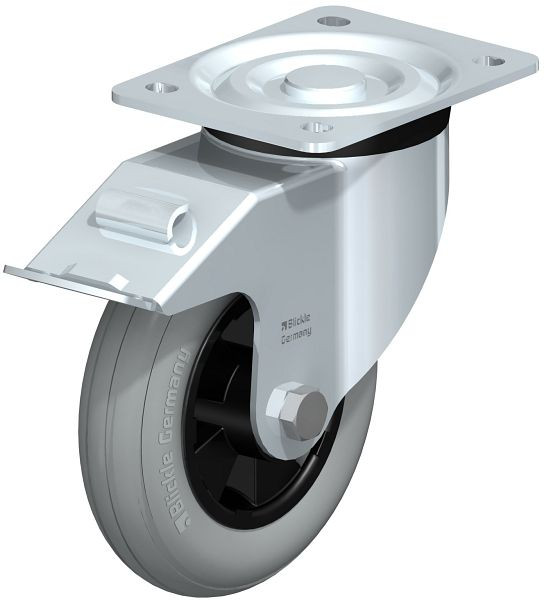 Blickle L-VWPP 160G-FI-SG Stahlblech-Lenkrolle, mittelschwere Ausführung, mit Anschraubplatte & Feststeller, Weichgummi, Grau, 630053