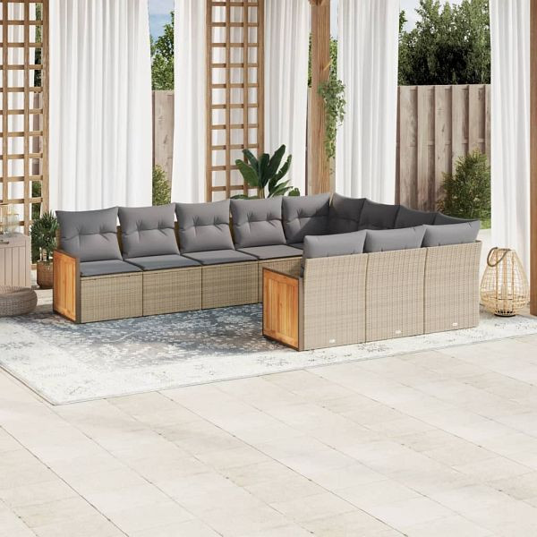 vidaXL 10-tlg. Garten-Sofagarnitur mit Kissen Beige Poly Rattan, 3228019