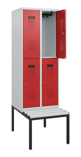 C+P Doppelstöckiger Spind Evolo PLUS, Bank, 4 Fächer, 1950x600x815mm, 7035/3000, Zylinderschloss, Sitzfläche Kunststoff, Sitzbank, 0493505-20 S10138