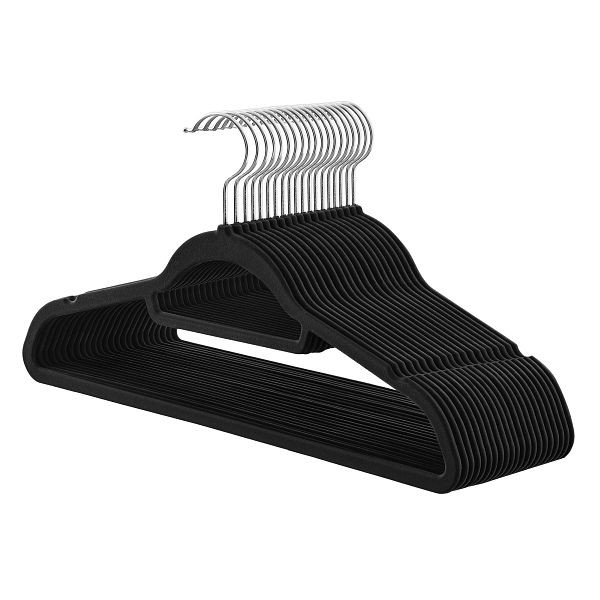 SONGMICS Samtbügel, Set aus 20 Kleiderbügeln, rutschfest, mit Krawattenstange und 360° schwenkbarem Haken, 0,6 cm dick, 43,5 cm lang, schwarz, CRF20B