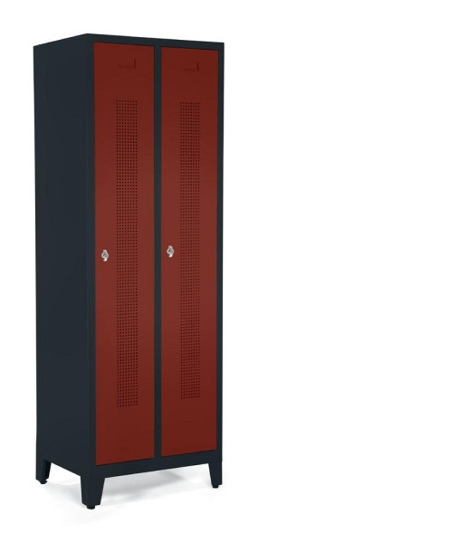 Deskin Garderobenspind mit Füßen, Rubinrot RAL 3003, 590 x 500 x 1800 mm, 2 Abteile, Korpus: Anthrazit RAL 7021, 347068