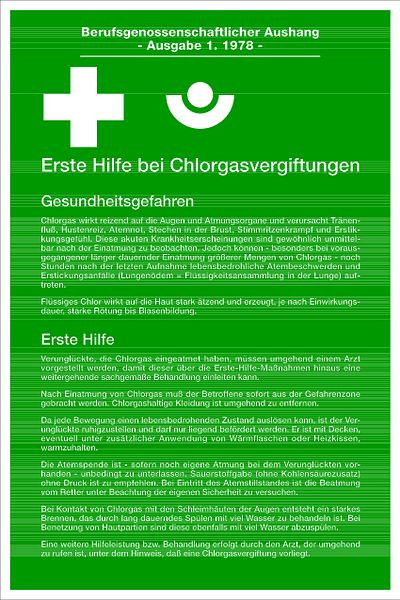 Schilder Klar Aushang Erste Hilfe bei Chlorgasvergiftungen, 200x300x0.45 mm Aluminium geprägt, 332/00