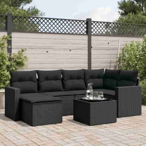 vidaXL 7-tlg. Garten-Sofagarnitur mit Kissen Schwarz Poly Rattan, UV-beständig, 3251602