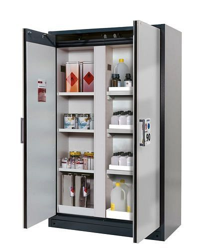 asecos Feuerbeständiger Gefahrstoffschrank Select, mit Mittelwand, Einlege- und Wannenböden, silber, 266827