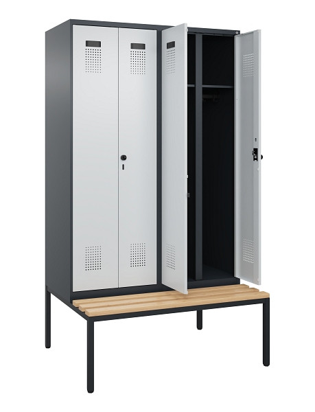 C+P Schwarz-Weiß-Spind Evolo PLUS, Bank, 4 Abteile, 2120x1200x815mm, 7016/7035, Drehriegel, Sitzfläche Buche-Hartholz, Sitzbank, 0490527-40 S10017