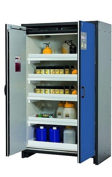 asecos Sicherheitsschrank Q-CLASSIC-30, Q30.195.116 in enzianblau RAL 5010 mit 4x Wannenboden Standard (Polypropylen), 31003-067-30014