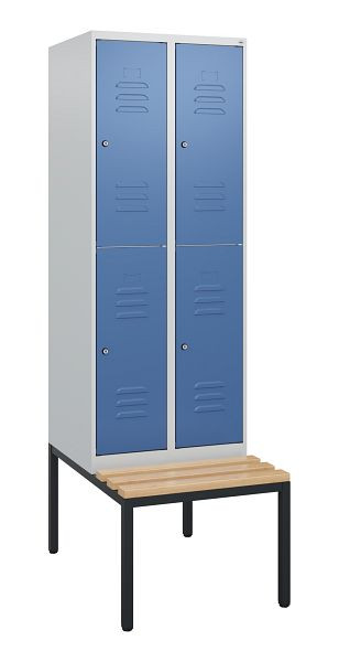 C+P Doppelstöckiger Spind Classic PLUS, 2 Abteile, 1950x600x815mm, 7035/5023, Zylinderschlösser, Buche-Sitzleisten, Sitzbank, 0803505-20 S10035