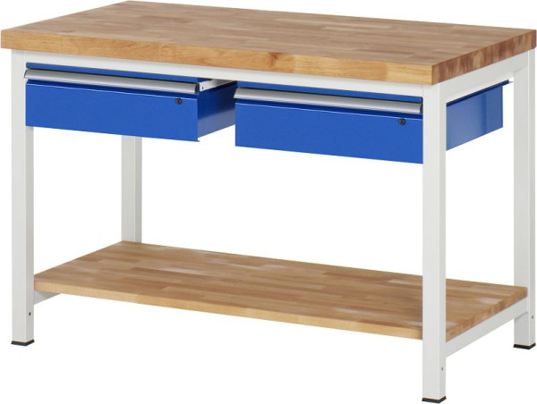 RAU Werkbank Serie 8000 - Gestell-Bauweise (Schweißgestell), 2x Schublade, Buche-Massiv-Ablageboden, 1250x840x700 mm, 03-8002A7-127B4S.11