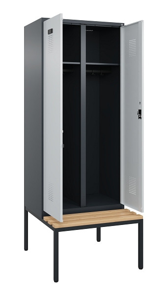 C+P Schwarz-Weiß-Spind Evolo PLUS, Bank, 2 Abteile, 2120x800x815mm, 7016/7035, Zylinderschloss, Sitzfläche Buche-Hartholz, Sitzbank, 0490527-22 S10044