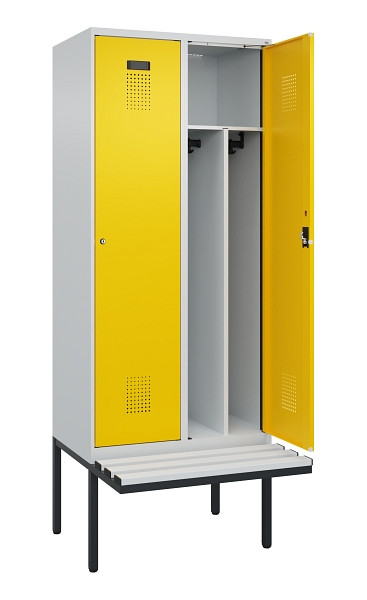 C+P Spind Evolo PLUS, 2 Abteile, 2120x800x815mm, 7035/1023, Haken 4, Zylinderschloss, Sitzfläche Kunststoff, Trennwand, 0490407-22F S10082