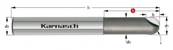 Karnasch PKD-3D-Radiusfräser d= 5,0/r= 2,5/L3= 25/Z= 2 mit Kugelstirn, 306522050025