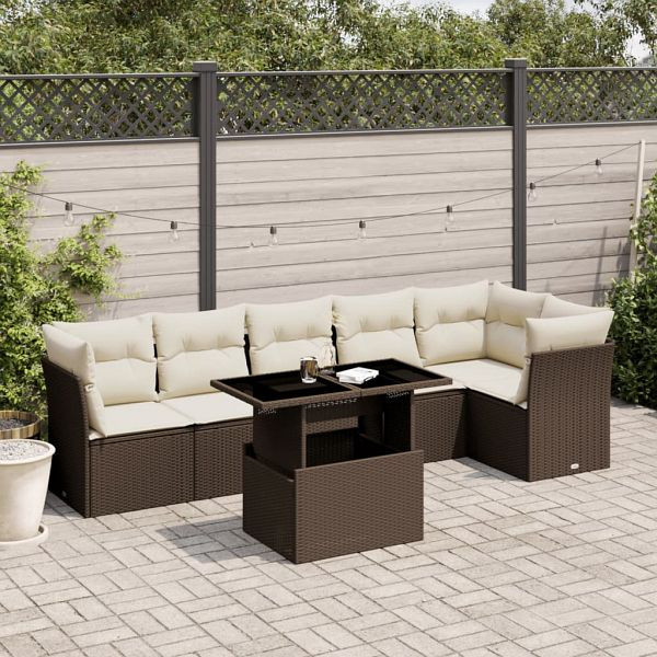 vidaXL 7-teilig Garten-Sofagarnitur mit Kissen Braun Poly Rattan, 3266603