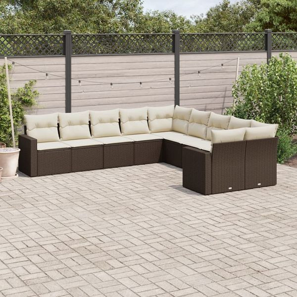 vidaXL 10-teilig Garten-Sofagarnitur mit Kissen Braun Poly Rattan, 3251850