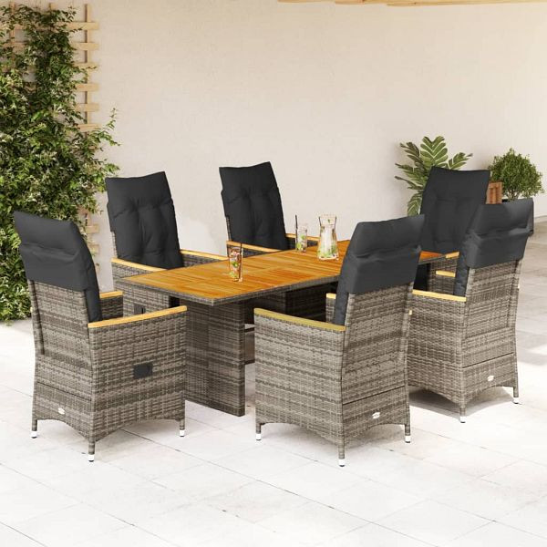 vidaXL 7-teilig Garten-Essgruppe mit Kissen Grau Poly Rattan, 3276852