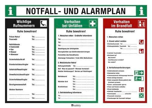 DENIOS Sicherheitsaushang Notfall- und Alarmplan, Kunststoff, 700 x 500 mm, 210-098