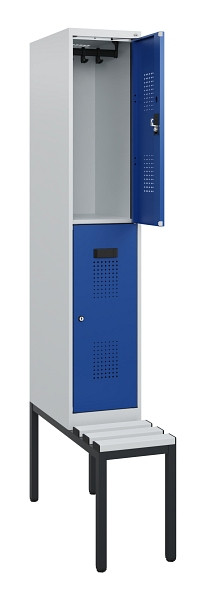 C+P Doppelstöckiger Spind Evolo PLUS, Bank, 2 Fächer, 1950x300x815mm, 7035/5010, Zylinderschloss, Sitzfläche Kunststoff, Sitzbank, 0493505-10 S10141