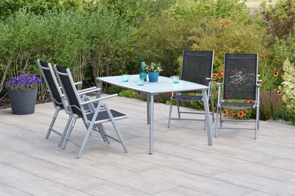 Merxx Amalfi Set 5-teilig, 4 Amalfi Klappsessel, Rückenlehne verstellbar, 1 Tisch 150 x 90 cm, matte Glasplatte, Silber/schwarz, 50878-317