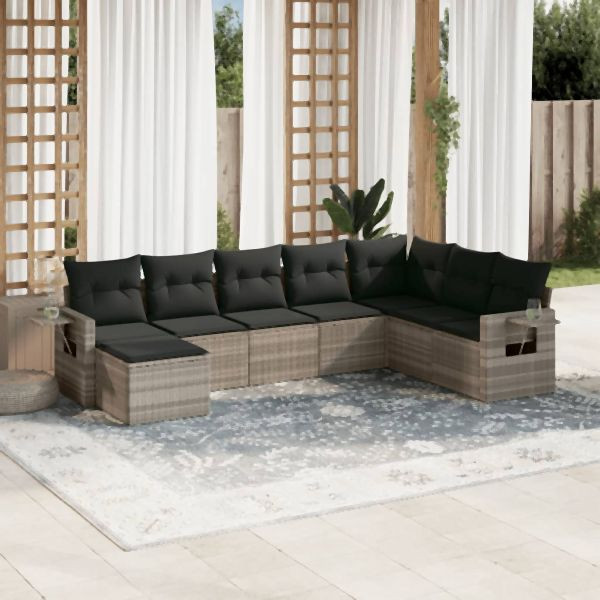 vidaXL 8-tlg. Garten-Sofagarnitur mit Kissen Hellgrau Poly Rattan, 3252899
