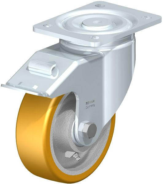 Blickle LH-GTH 150K-FI Stahlblech-Lenkrolle, Schwerlast-Ausführung, mit Anschraubplatte & Feststeller, Blickle Extrathane®, Hellbraun, 513796