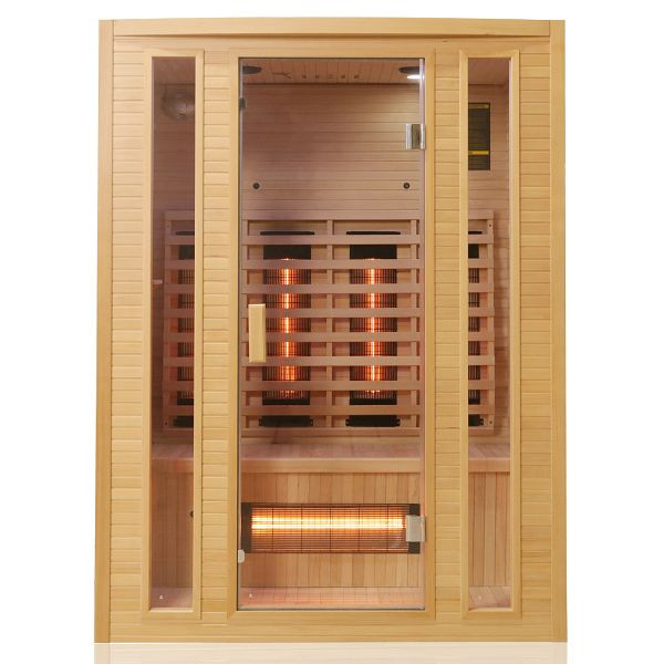 TroniTechnik Infrarotkabine Infrarotsauna MANILA 140 x 100 cm 1-3 Personen, Hemlock Holz, 7x Vollspektrumstrahler, LED-Farblicht, Bluetooth, FM, MP3, 5688