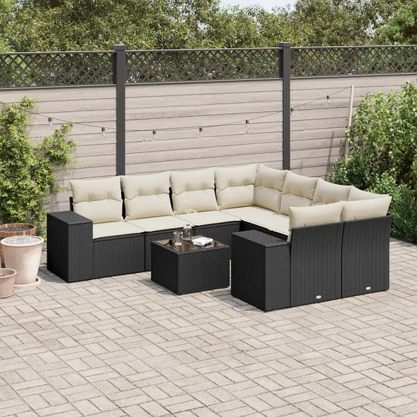 vidaXL 9-teilig Garten-Sofagarnitur mit Kissen Schwarz Poly Rattan, 3222355