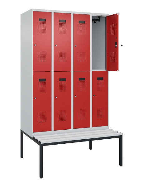 C+P Doppelstock-Spind Evolo PLUS, Bank, 8 Fächer, 2120x1200x815mm, 7035/3000, Zylinderschloss, Sitzfläche Kunststoff, Sitzbank, 0493507-40 S10111