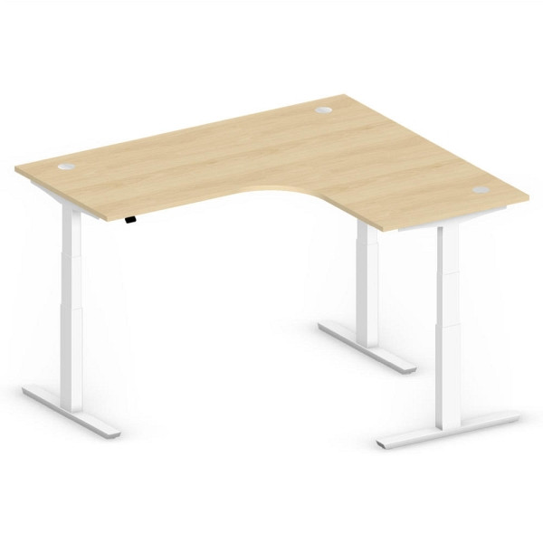 Deskin XXL Sitz-/ Stehschreibtisch Jumbo MULTI M, Buchedekor, T-Fuß-Stahlgestell in Weiß RAL 9016, rechtsseitig geformt, 295137