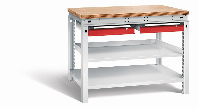 Otto Kind Werkbank Serie function Typ 209, Multiplexplatte 40 mm, bündig, 2 Schubladen 120 mm, Gehäuse RAL 7035, Front RAL 3000, 072339134