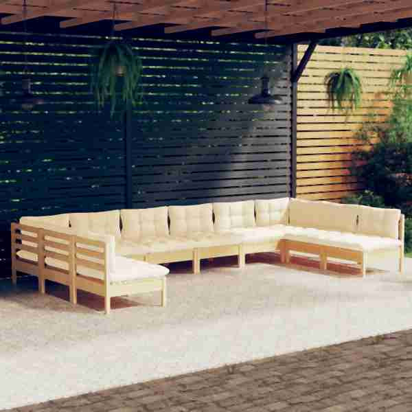 vidaXL 10-tlg. Garten-Lounge-Set mit Creme Kissen Massivholz Kiefer, 3097187
