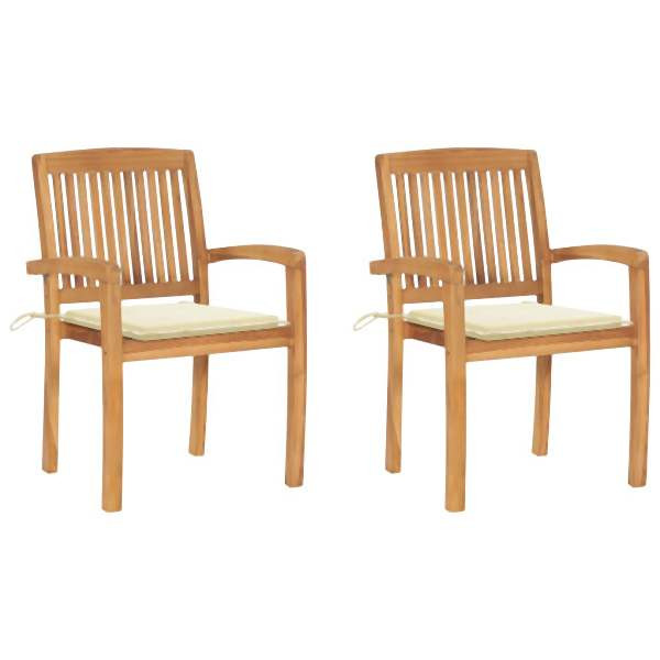 vidaXL Gartenstühle 2 Stück mit Cremeweißen Kissen Massivholz Teak, 3063254