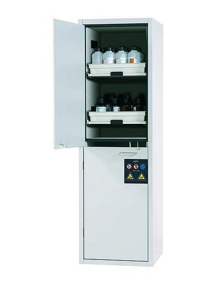 asecos Säuren- und Laugenschrank SL-CLASSIC Modell SL.196.060.MH in lichtgrau RAL 7035 mit 4x Tablarauszug AbZ (FP-Platte/Polypropylen), 30612-001-30614