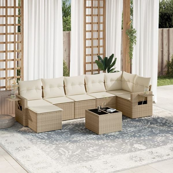 vidaXL 8-tlg. Garten-Sofagarnitur mit Kissen Beige Poly Rattan, 3252825
