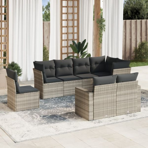 vidaXL 8-tlg. Garten-Sofagarnitur mit Kissen Hellgrau Poly Rattan, 3219232