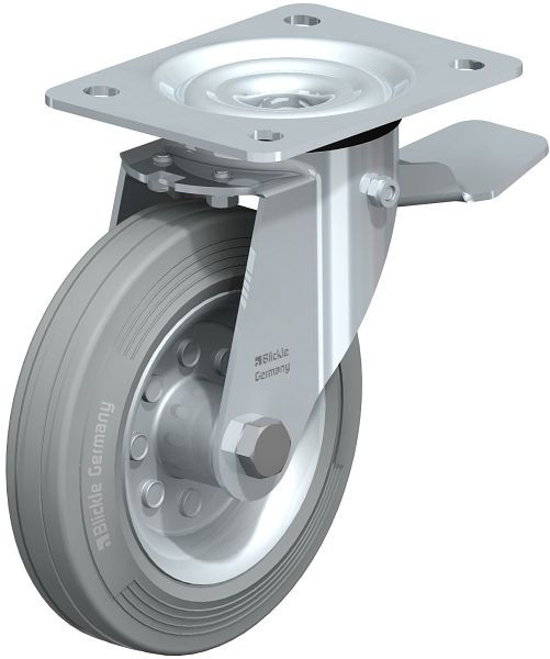 Blickle LE-VE 160R-ST-SG Stahlblech-Lenkrolle mit Anschraubplatte & Feststeller, Vollgummi, Grau, 629865