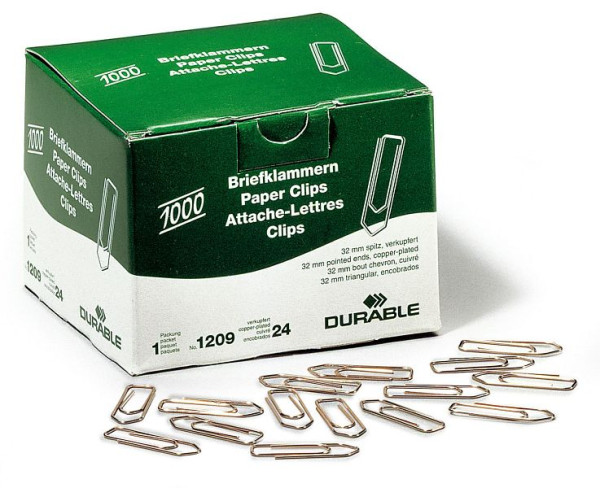 DURABLE Briefklammer, 32 mm, Metall, verkupfert, Schachtel mit 1000 Stück, 1209 24