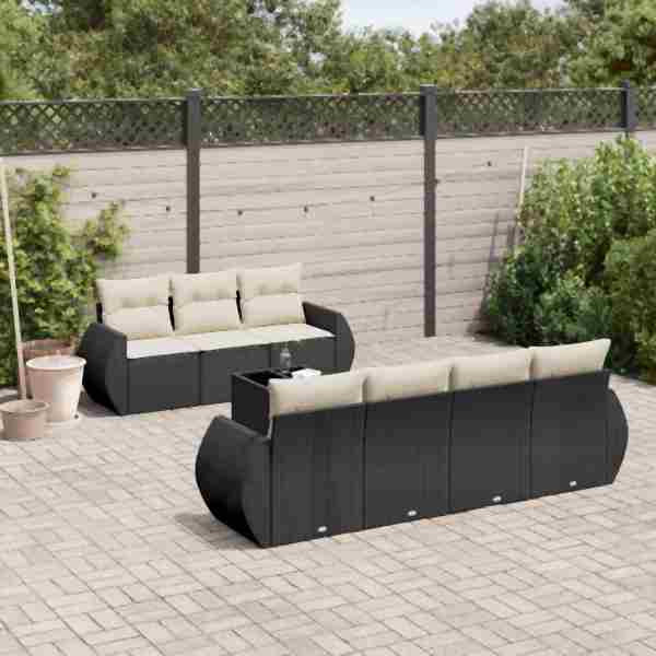 vidaXL 8-tlg. Garten-Sofagarnitur mit Kissen Schwarz Poly Rattan, UV-beständig, 3221125